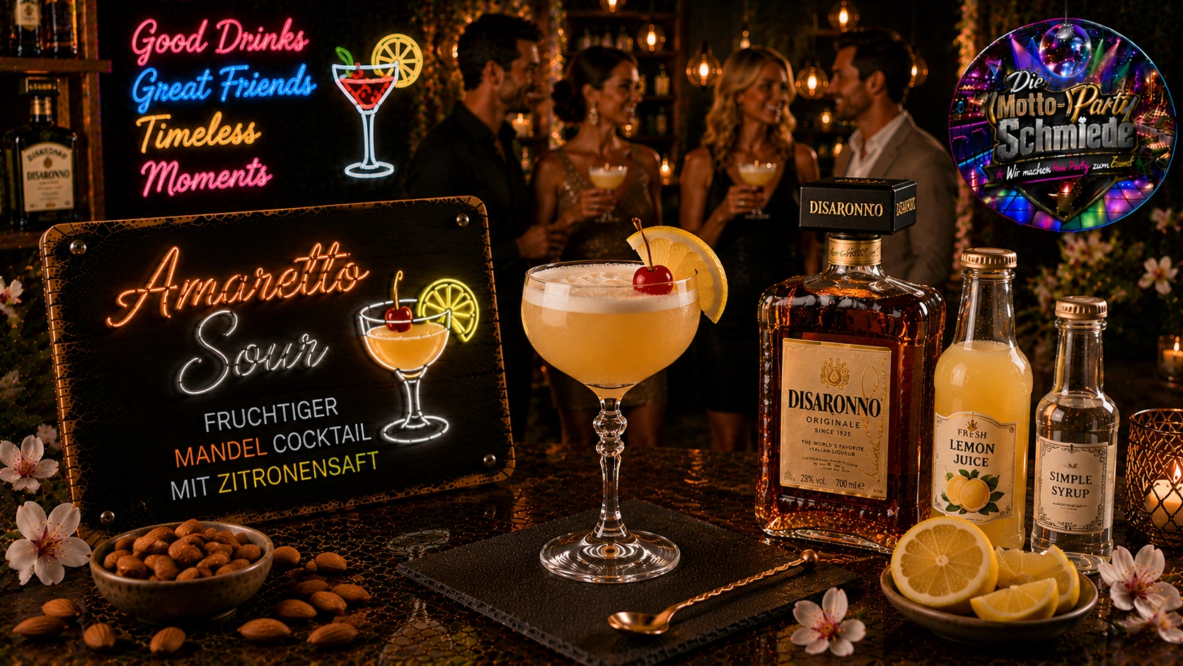 Amaretto Sour Cocktail mit cremiger Schaumkrone, Zitronenscheibe und Cocktailkirsche in einem stilvollen Tumblerglas.