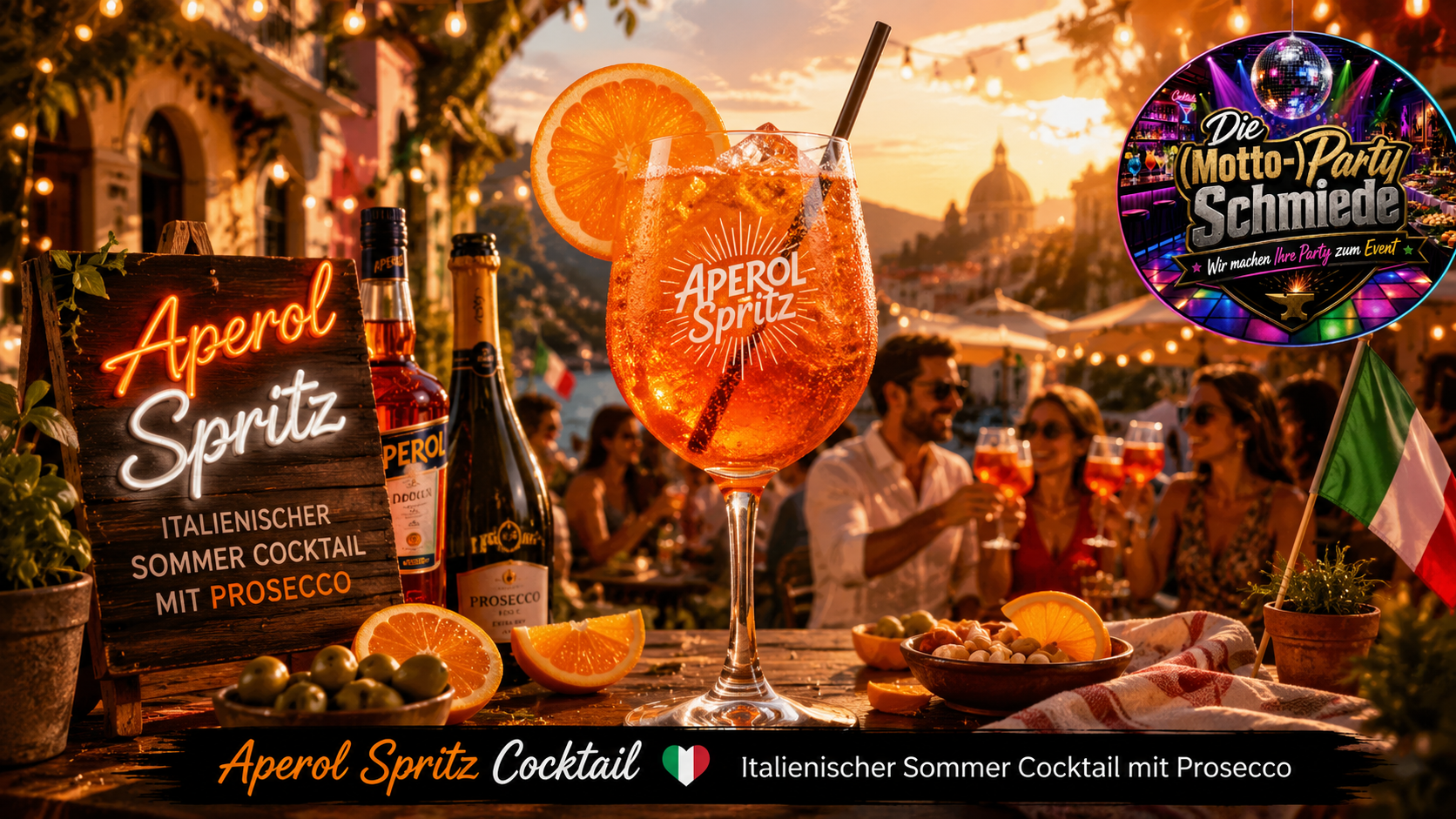 Erfrischender Aperol Spritz mit Orangenscheibe und Eiswürfeln in einem großen Weinglas auf sommerlicher Terrasse.