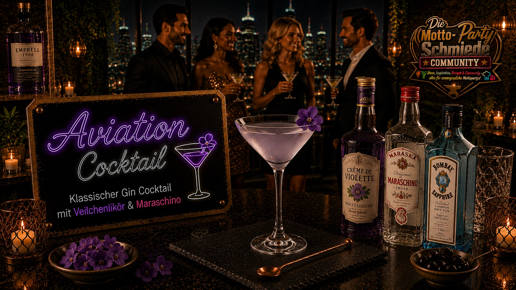 Eleganter Aviation Cocktail mit zart violettem Farbton in einer gekühlten Cocktailschale auf stilvollem Barhintergrund.