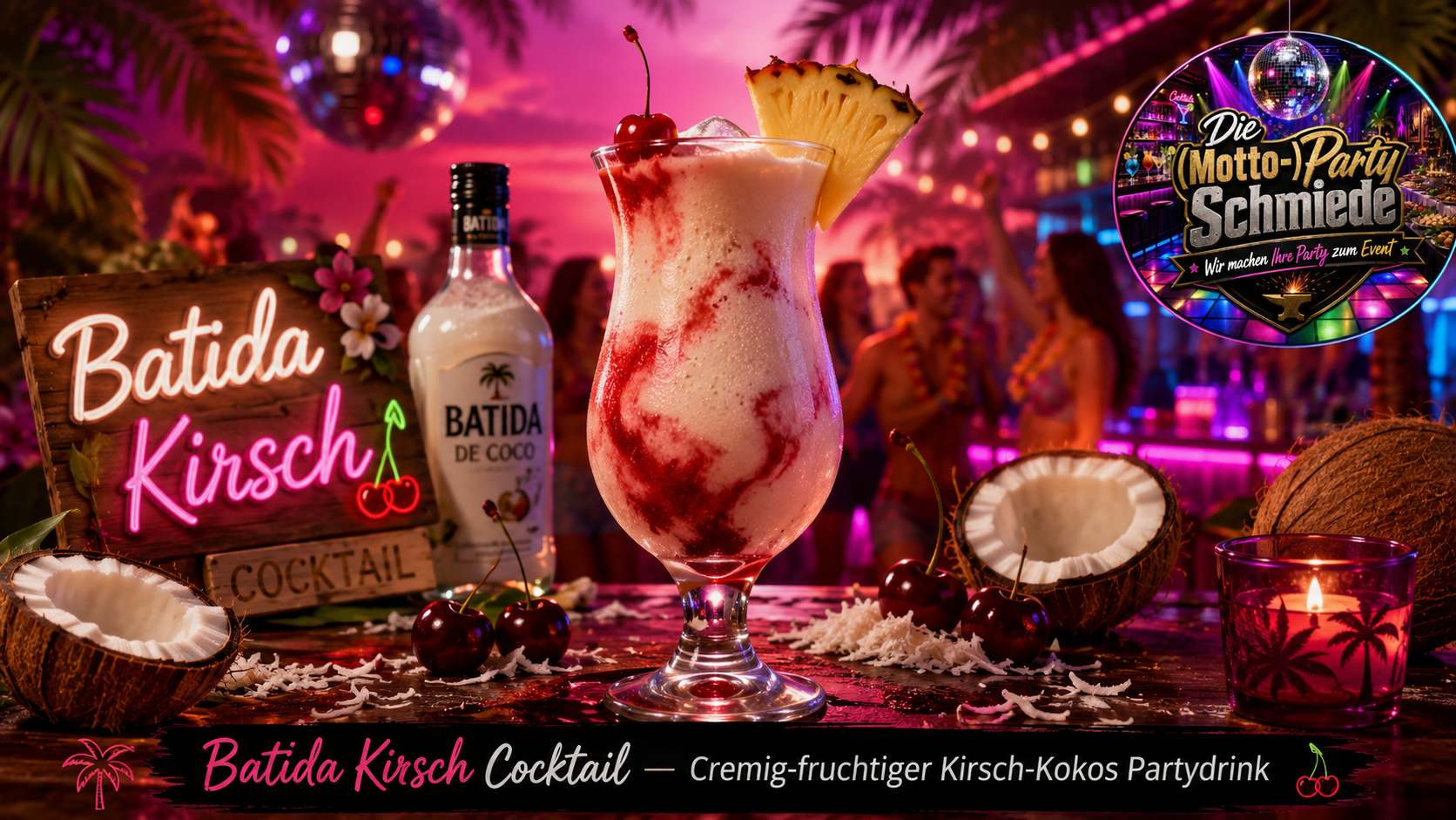 Cremiger roter Batida Kirsch Cocktail mit Kokoslikör, Crushed Ice und frischen Kirschen in einem dekorativen Cocktailglas.