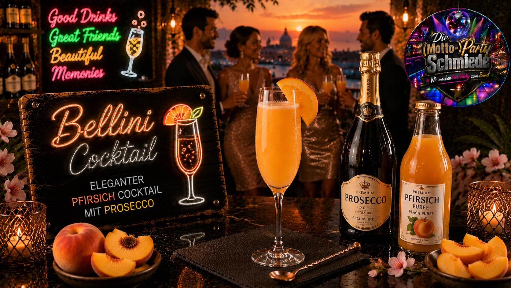 Eleganter Bellini Cocktail mit Pfirsichpüree und Prosecco in einer Sektflöte auf sommerlich gedecktem Tisch.