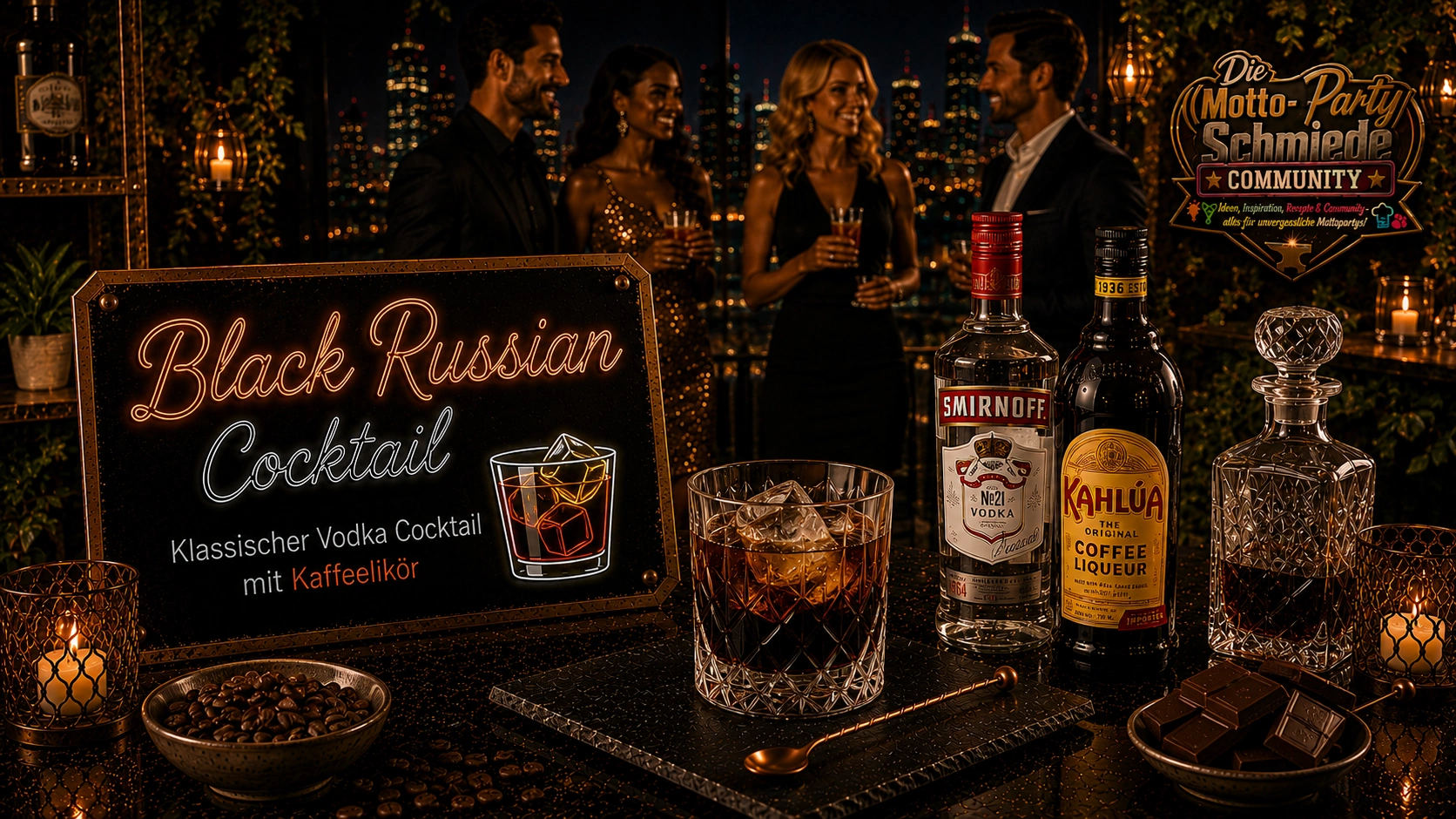 Klassischer Black Russian Cocktail mit Vodka, Kaffeelikör und Eiswürfeln in einem eleganten Tumblerglas.