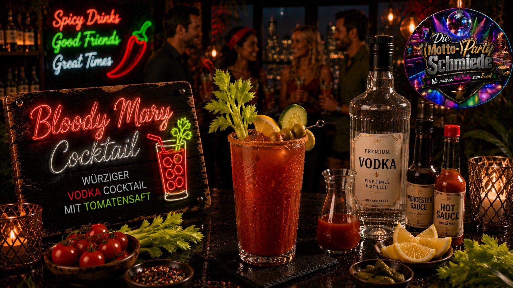 Würziger Bloody Mary Cocktail mit Tomatensaft, Selleriestange, Zitronenspalte und Eiswürfeln in einem Longdrinkglas.