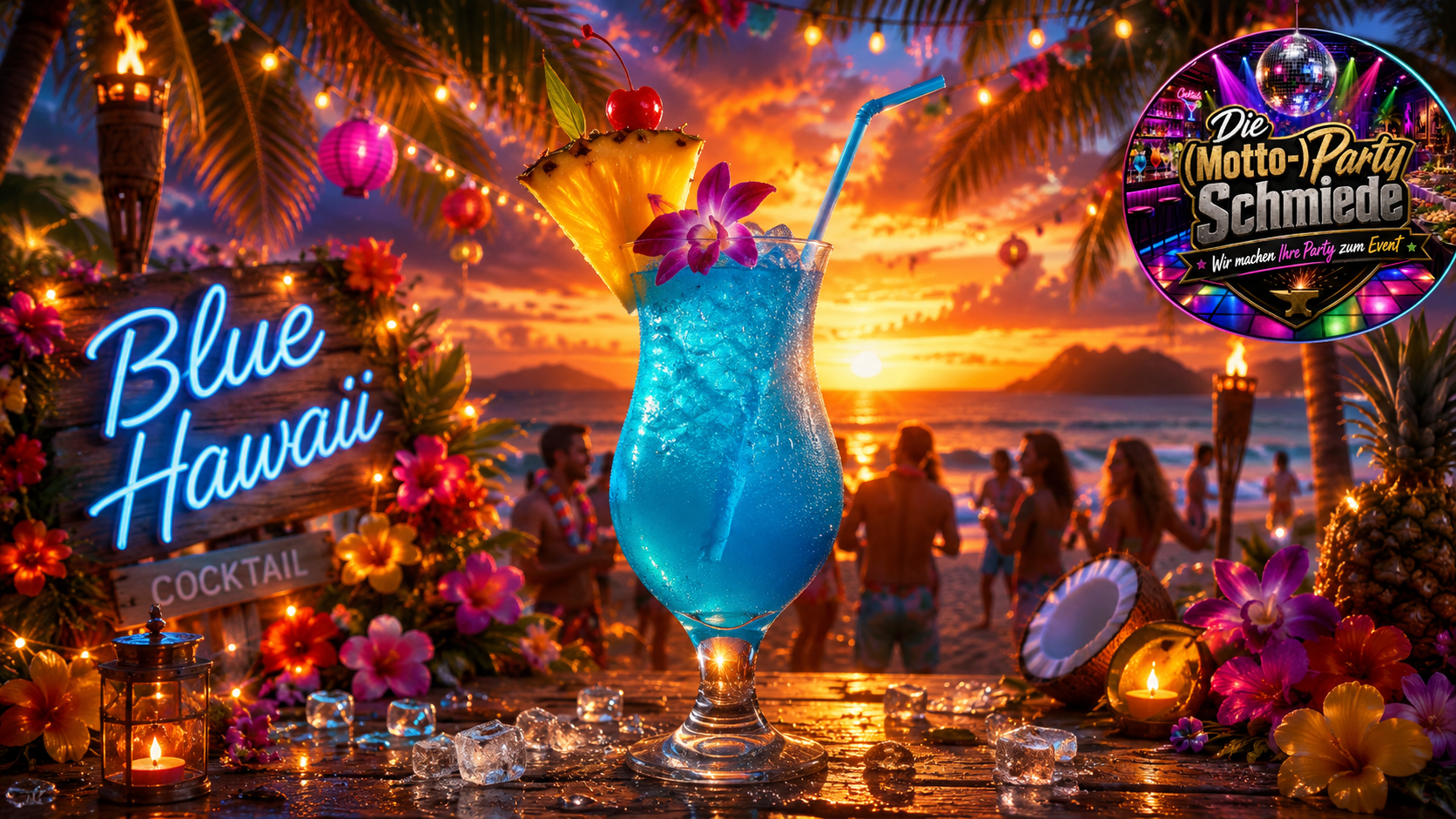 Leuchtend blauer Blue Hawaii Cocktail mit Ananasstück, Cocktailkirsche und Eiswürfeln in einem tropischen Cocktailglas.