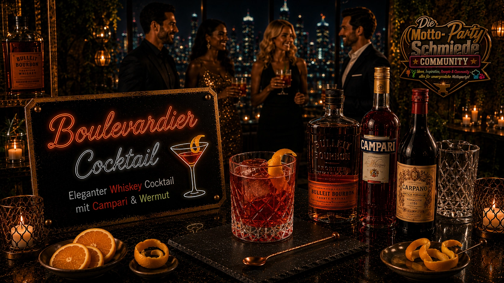 Eleganter Boulevardier Cocktail mit Orangenzeste in einem Tumblerglas auf dunklem Barhintergrund.