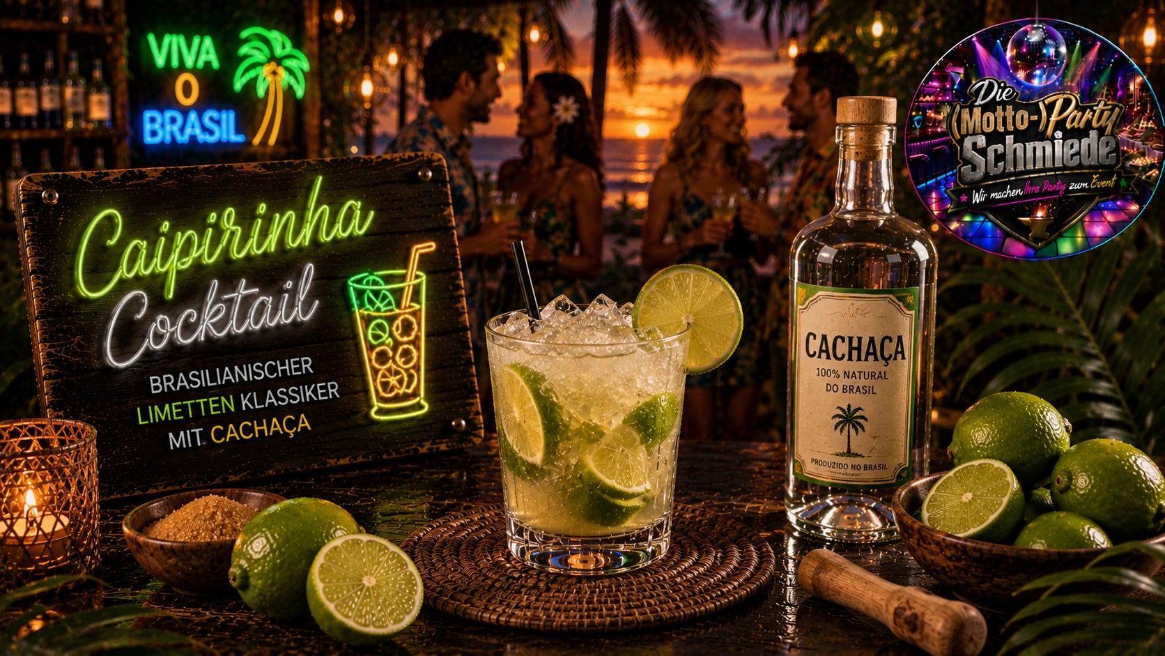 Authentische brasilianische Caipirinha mit Limettenstücken, Rohrzucker und Crushed Ice in einem Tumblerglas.