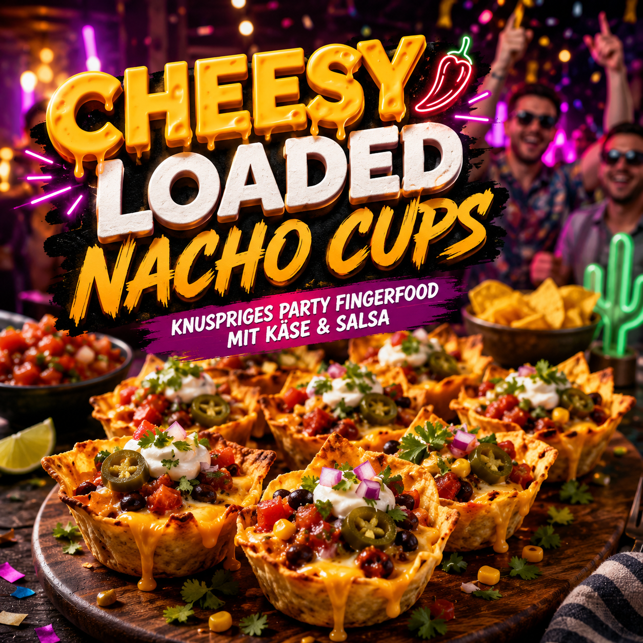 Knusprige Nacho Cups mit geschmolzenem Käse, Salsa, Jalapeños und Frühlingszwiebeln auf einem modernen Partybuffet.