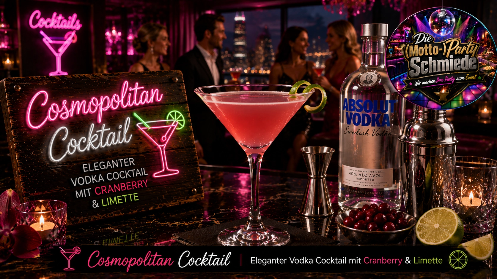 Eleganter Cosmopolitan Cocktail in einem Martiniglas mit rosafarbener Cranberry-Färbung und Limettenzeste auf stilvollem Hintergrund.