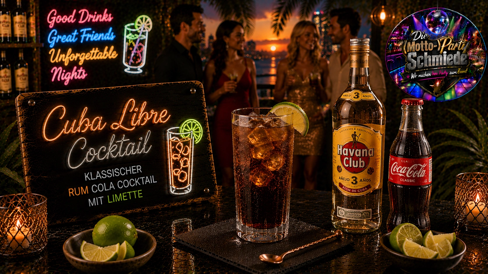 Klassischer Cuba Libre mit Rum, Cola, Limettenspalten und Eiswürfeln in einem Longdrinkglas auf tropischem Hintergrund.