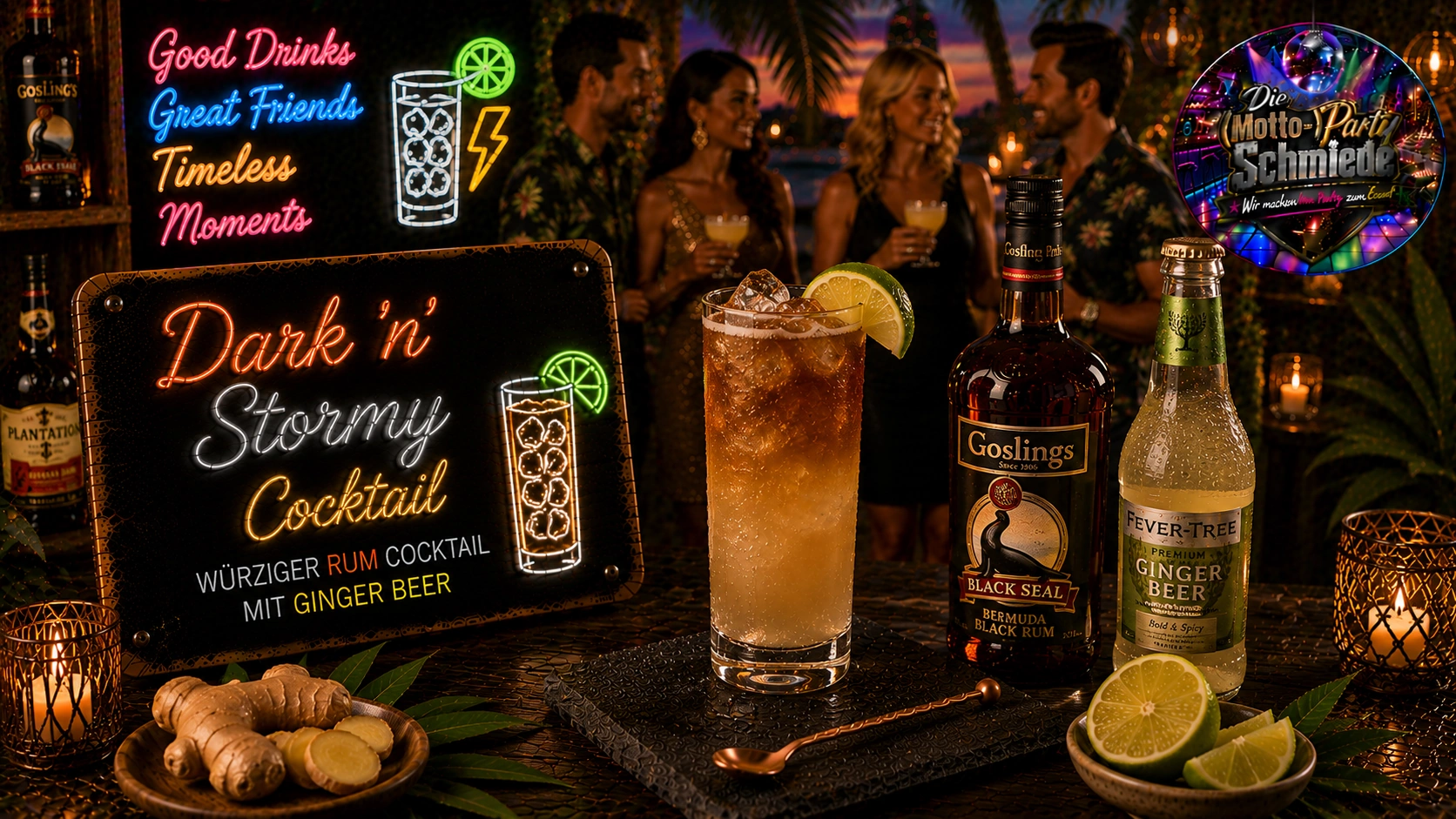 Dark ’n’ Stormy Cocktail mit dunklem Rum, Ginger Beer, Limettenspalte und Eiswürfeln in einem Longdrinkglas mit markantem Farbverlauf.