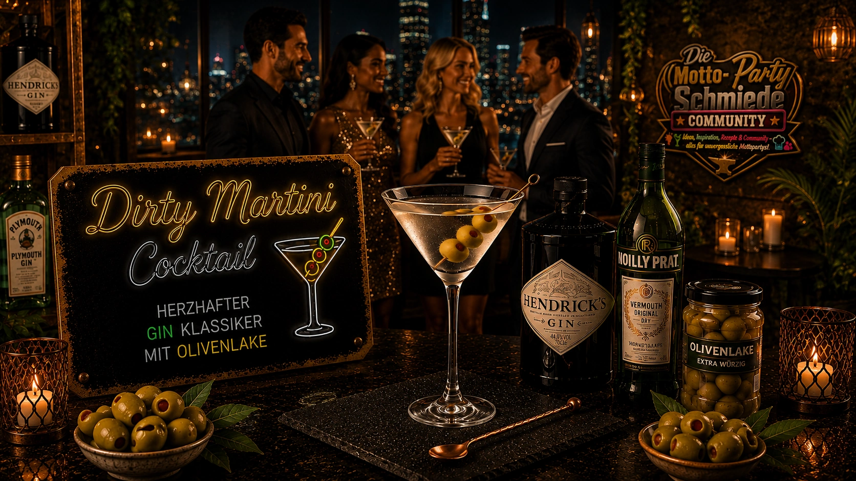 Dirty Martini Cocktail mit grünen Oliven in einem gekühlten Martiniglas auf elegantem Barhintergrund.