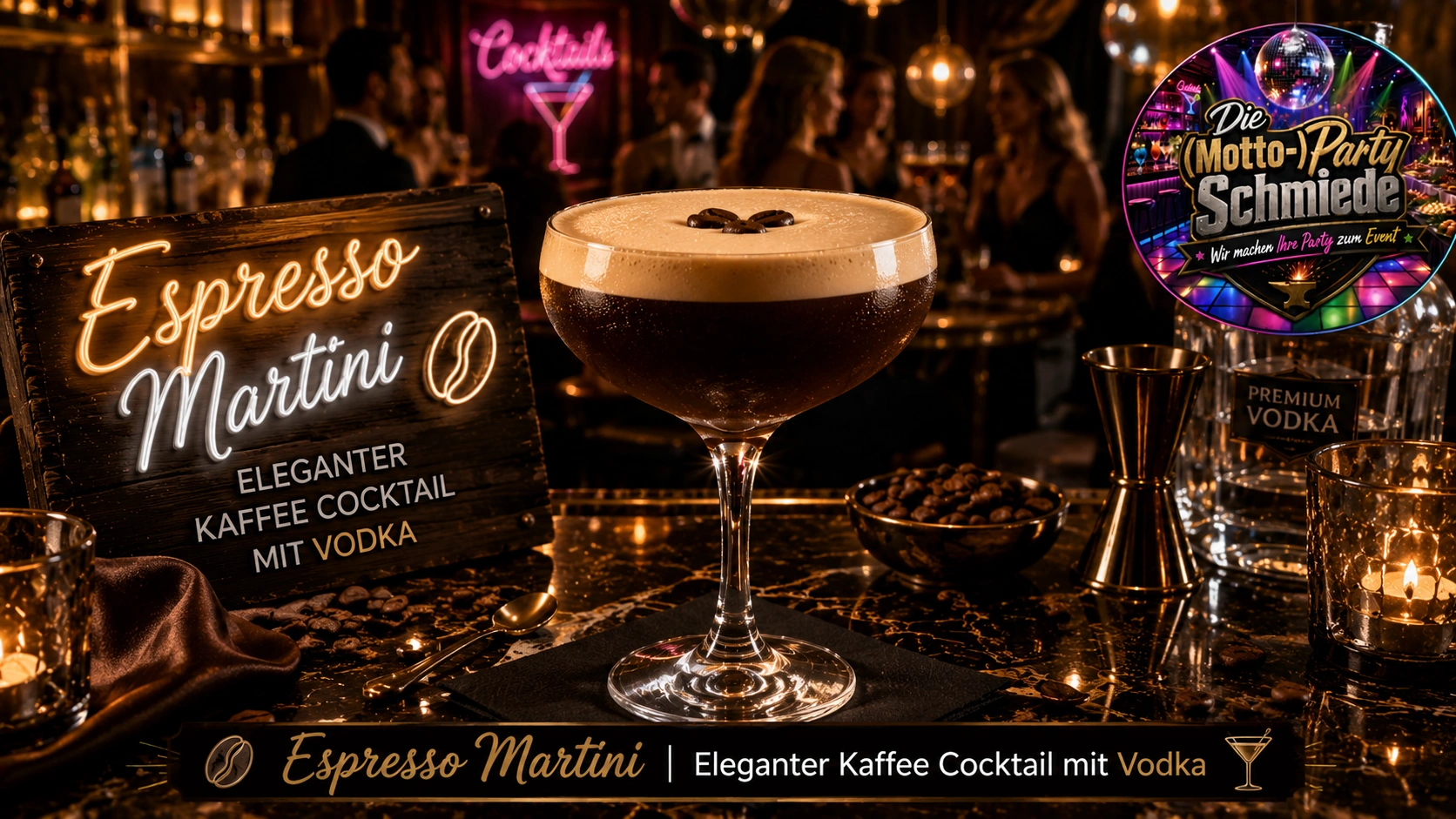Eleganter Espresso Martini mit cremiger Schaumschicht und Kaffeebohnen in einem stilvollen Martiniglas auf dunklem Hintergrund.