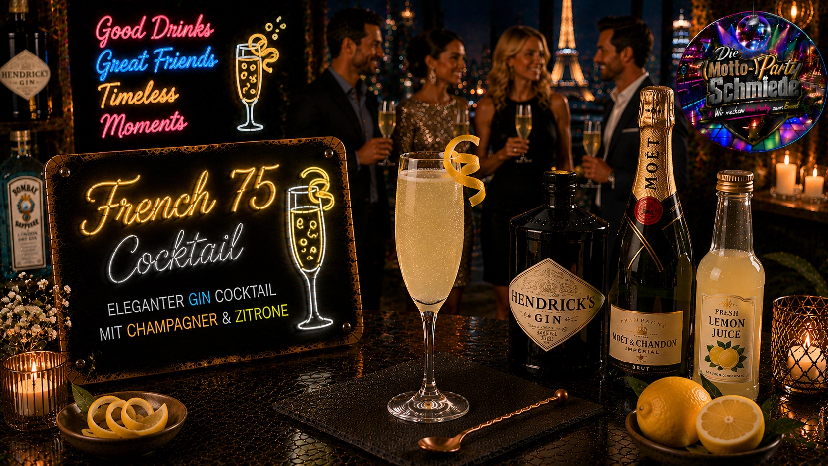 Eleganter French 75 Cocktail in einer Champagnerflöte mit Zitronenzeste und feiner Perlage auf festlichem Hintergrund.