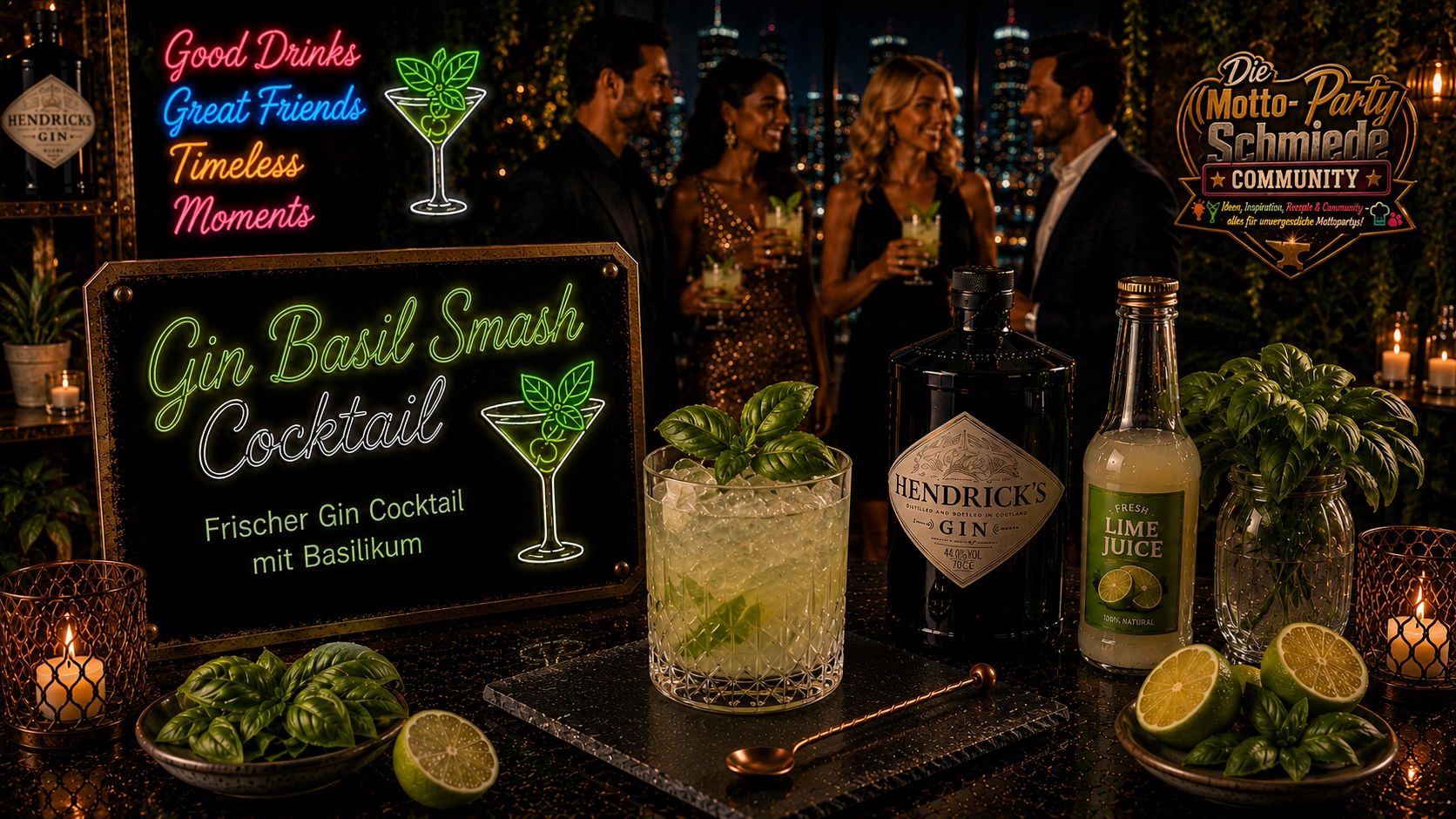 Frischer Gin Basil Smash Cocktail mit Basilikumblättern, Zitronensaft und Eiswürfeln in einem Tumblerglas.