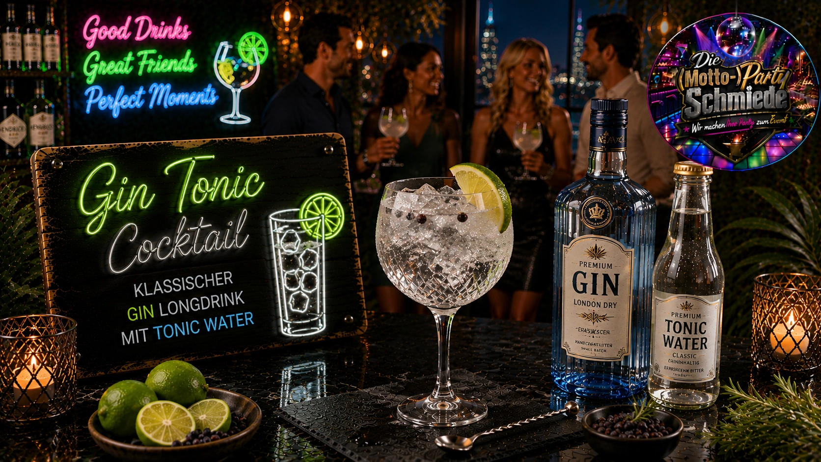 Klassischer Gin Tonic mit Limettenscheibe und Eiswürfeln in einem großen Ballonglas auf stilvollem Barhintergrund.