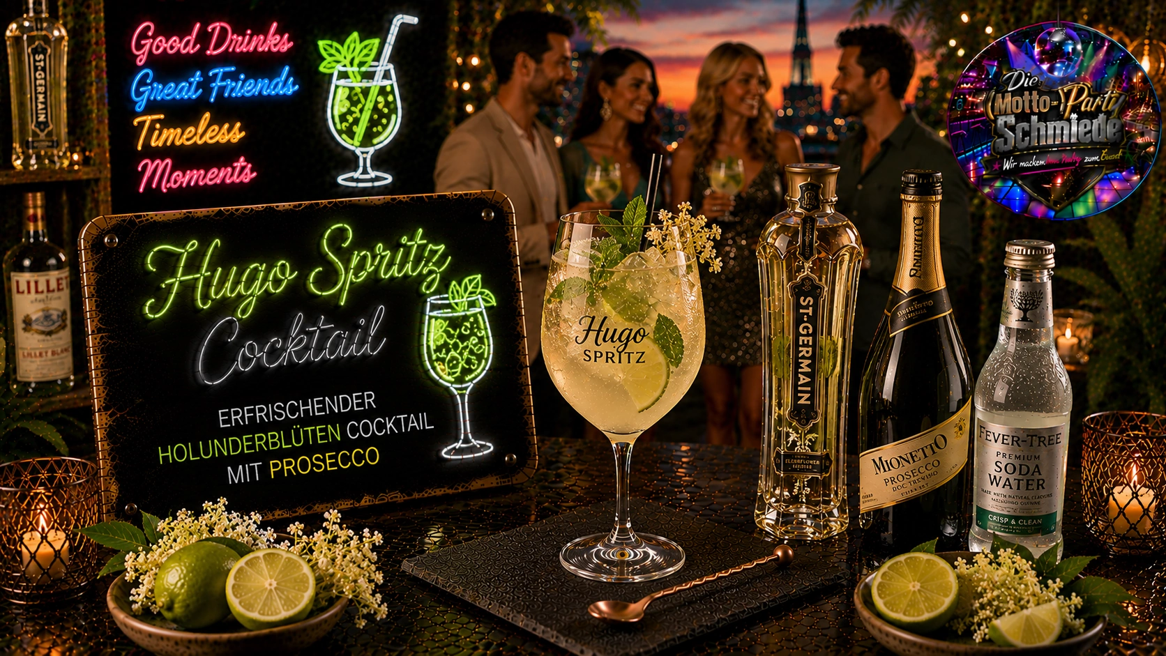 Erfrischender Hugo Spritz Cocktail mit Prosecco, Holunderblütensirup, Minze, Limettenscheiben und Eiswürfeln in einem großen Weinglas.