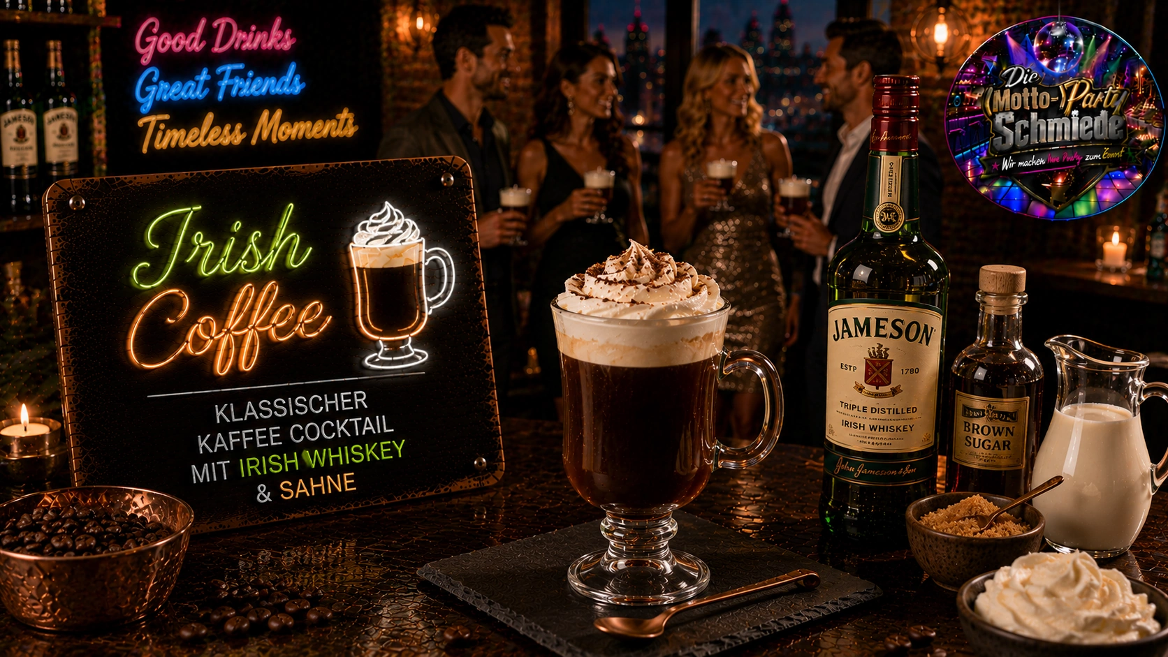 Heißer Irish Coffee mit cremiger Sahneschicht in einem Glasbecher auf rustikalem Holztisch.