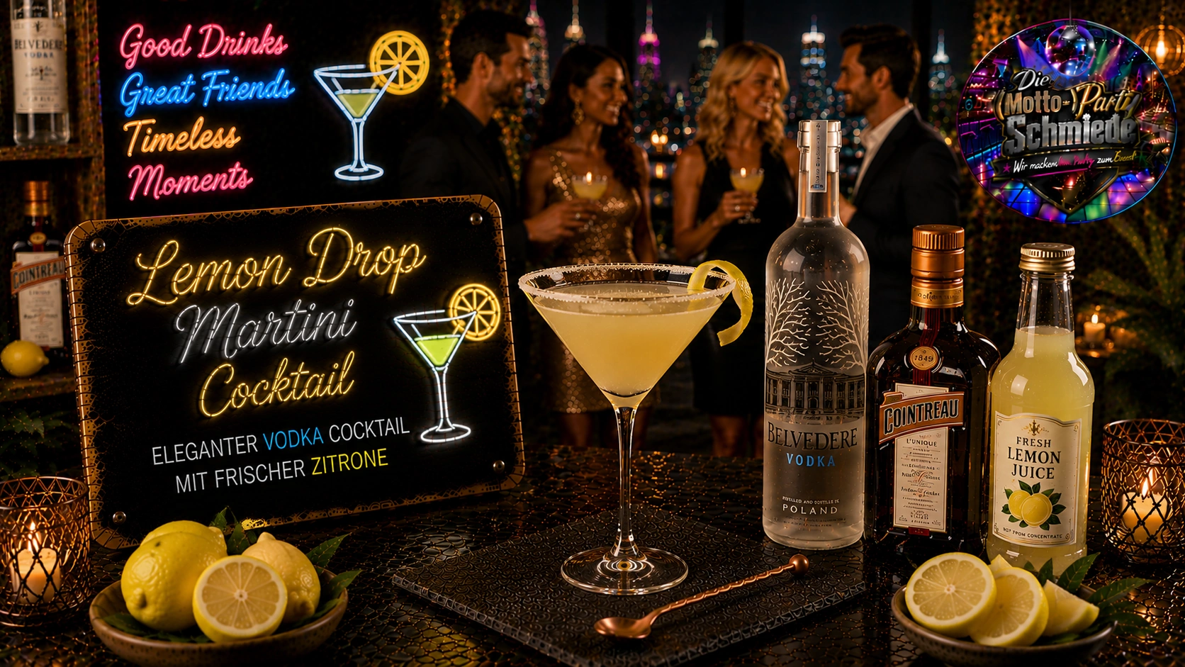 Eleganter Lemon Drop Martini mit Zuckerrand und Zitronenzeste in einem gekühlten Martiniglas auf stilvollem Hintergrund.