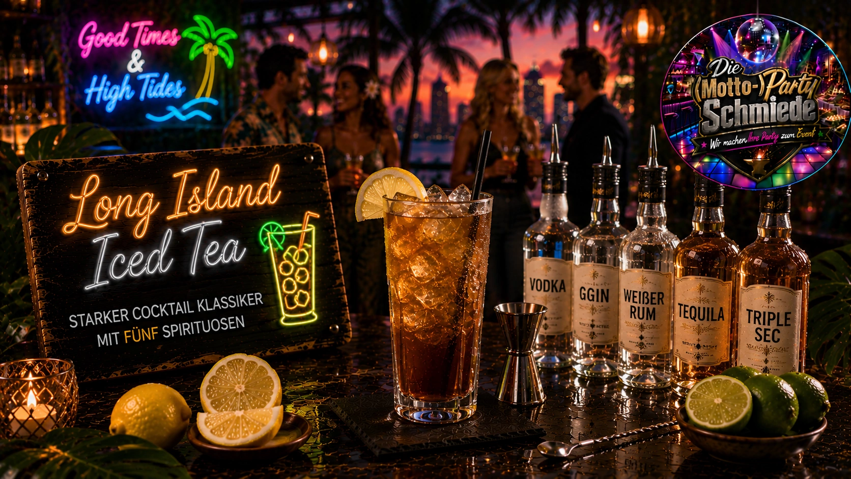 Long Island Iced Tea mit Zitronenscheibe und Eiswürfeln in einem hohen Longdrinkglas auf einer stilvollen Cocktailbar.