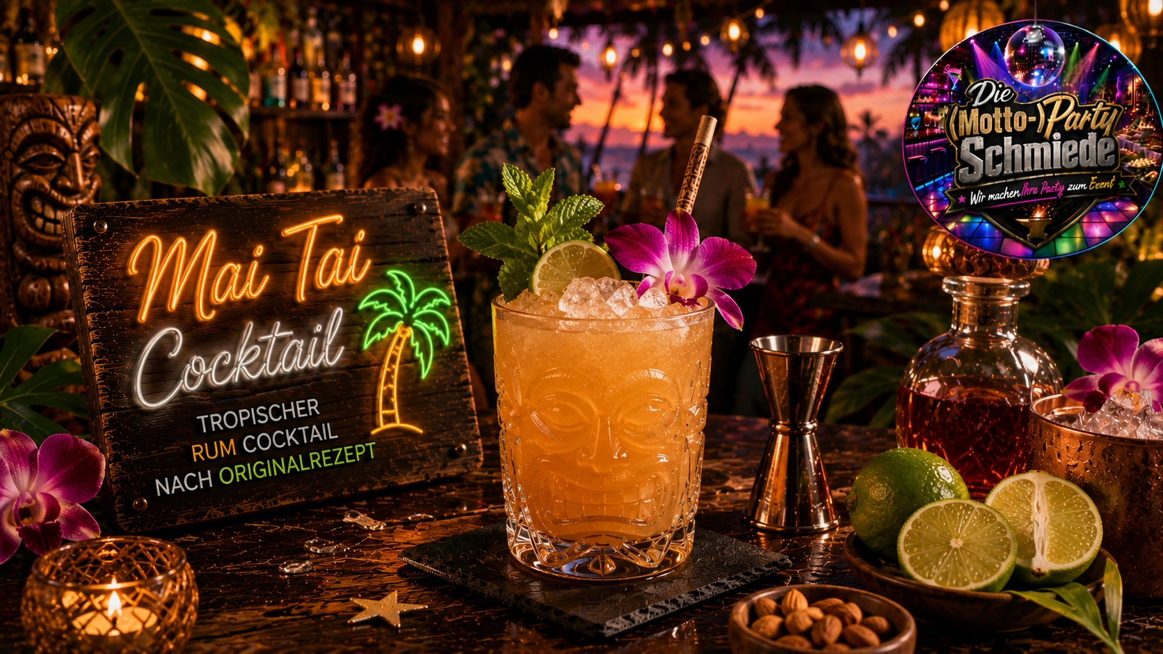 Exotischer Mai Tai Cocktail mit Limette, Minze und Crushed Ice in einem tropischen Tumblerglas.