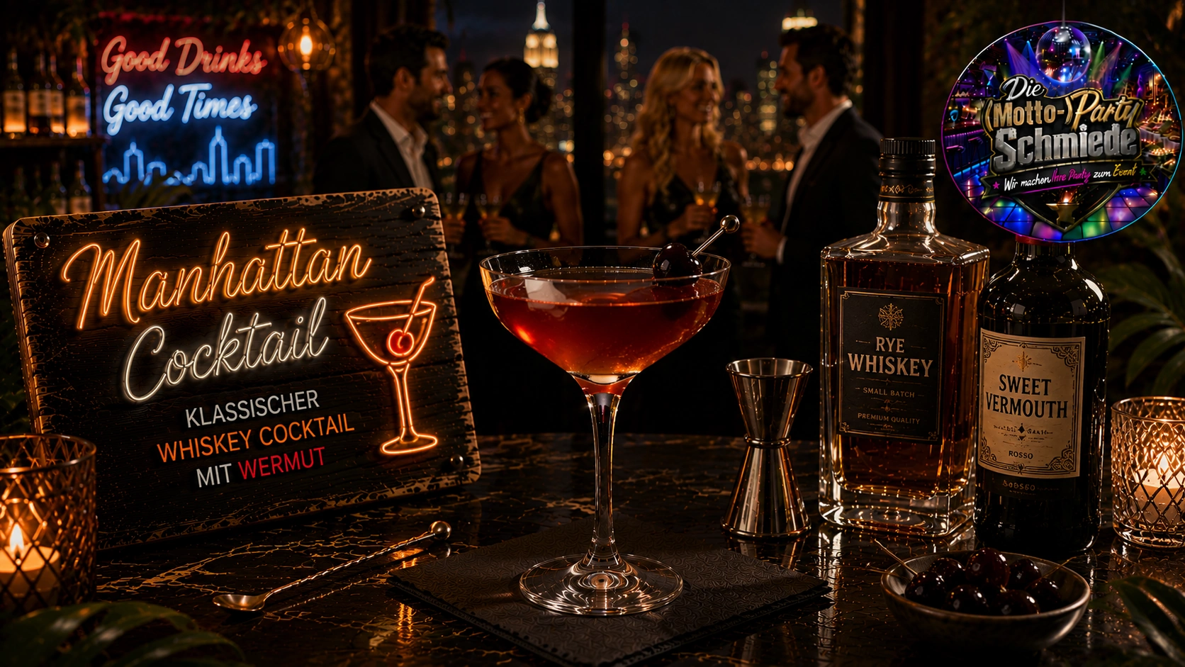 Klassischer Manhattan Cocktail mit Cocktailkirsche in einer eleganten Cocktailschale auf dunklem Barhintergrund.