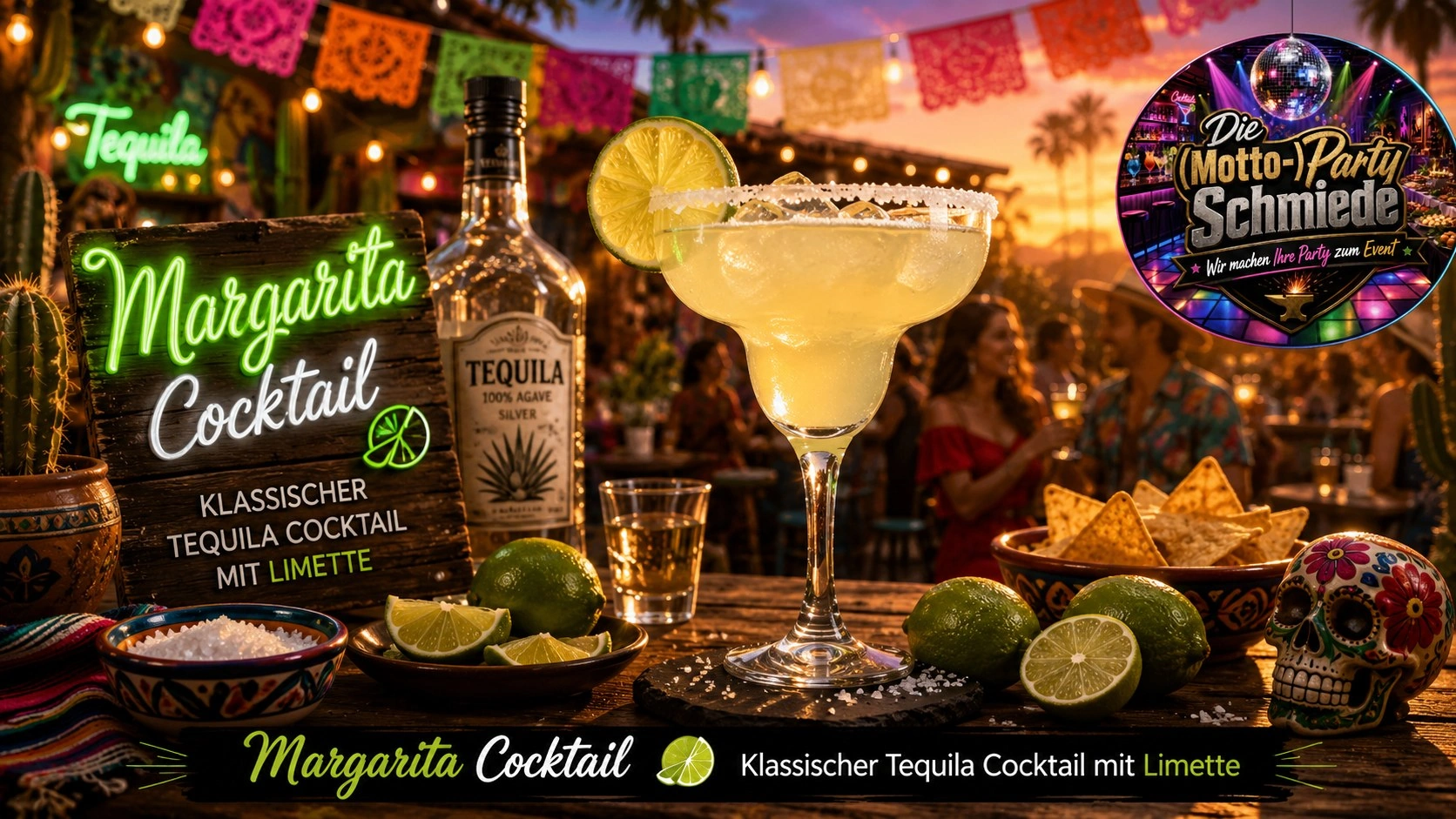 Klassischer Margarita Cocktail mit Salzrand, Limettenscheibe und Eiswürfeln in einem eleganten Margarita-Glas.