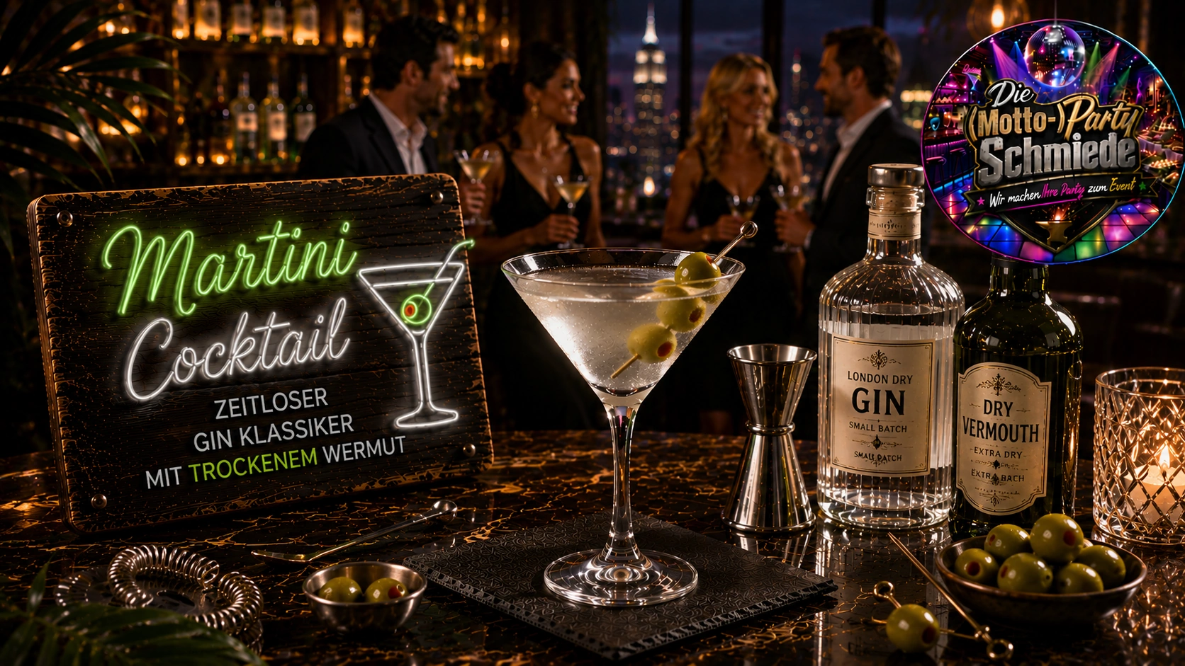 Klassischer Martini Cocktail in einem gekühlten Martiniglas mit grüner Olive auf elegantem Barhintergrund.