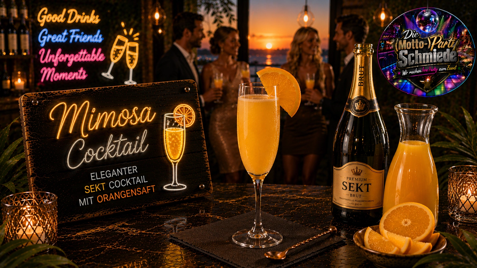 Eleganter Mimosa Cocktail aus Orangensaft und Sekt in einer Sektflöte auf festlich gedecktem Tisch.