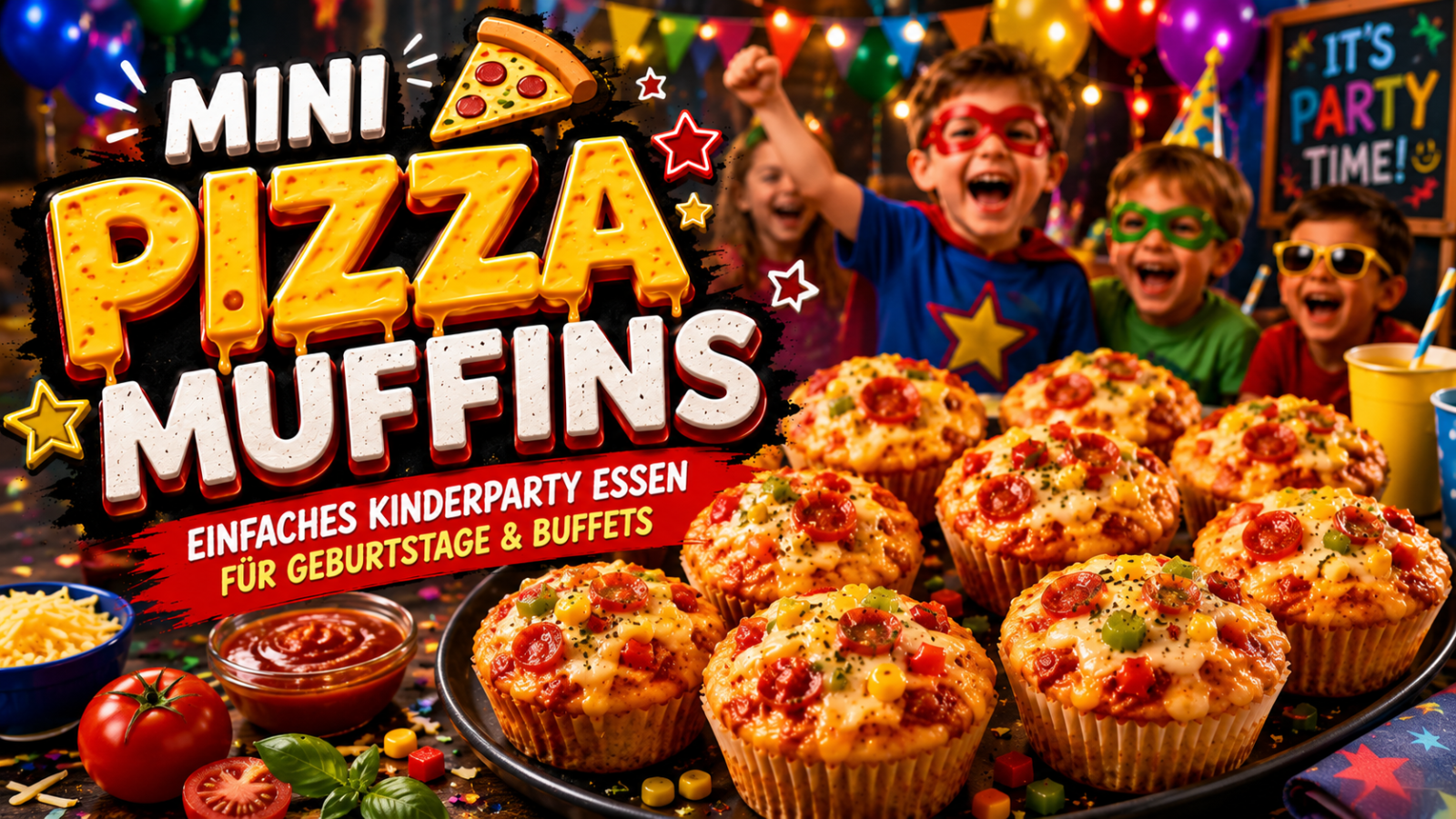 Bunte Mini Pizza Muffins mit Käse, Mais und Salami auf einem fröhlichen Kinderparty-Buffet.
