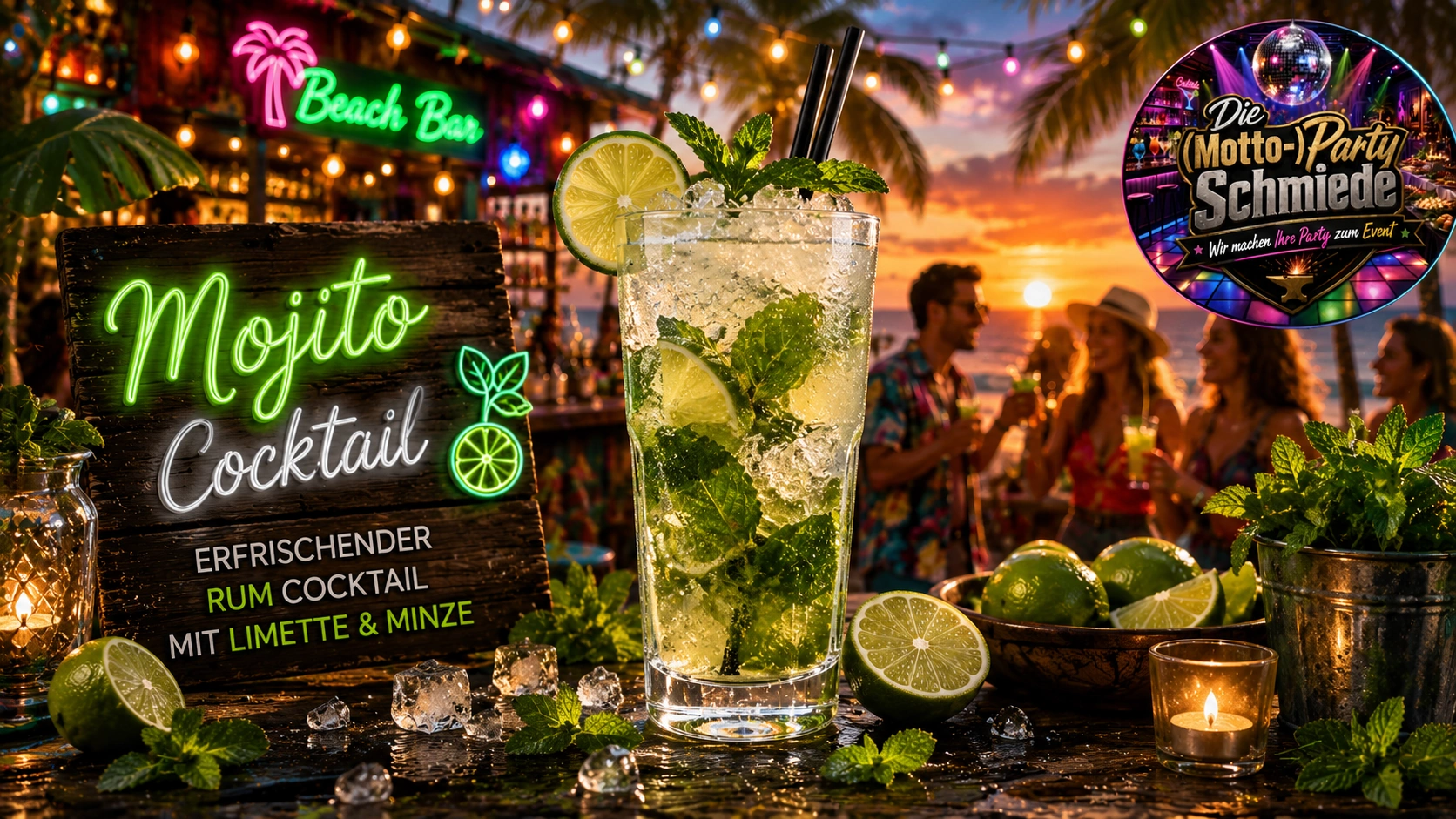Frischer Mojito Cocktail mit Minze, Limettenstücken und Crushed Ice in einem Longdrinkglas auf sommerlichem Hintergrund.