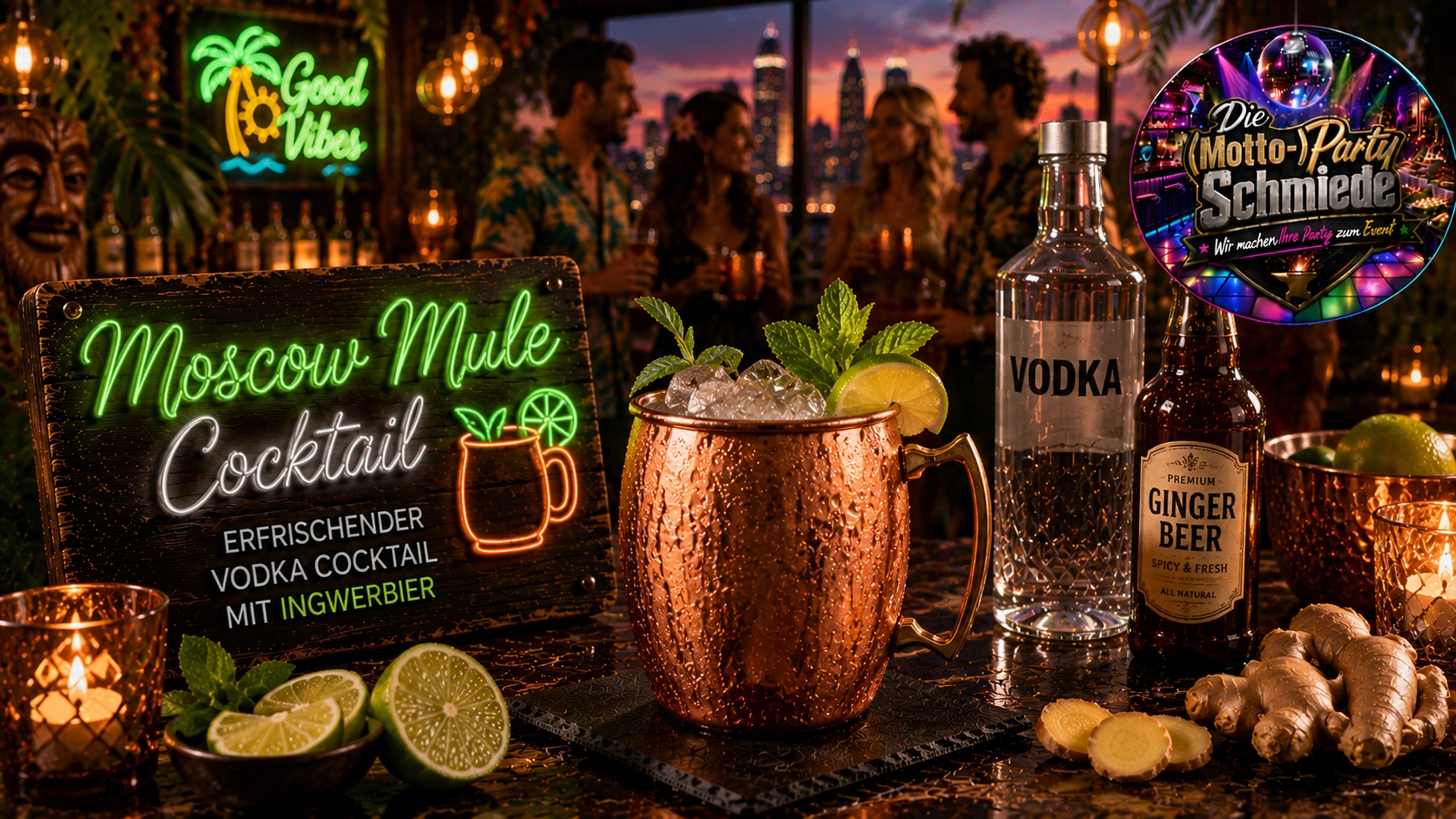 Erfrischender Moscow Mule Cocktail im Kupferbecher mit Limettenscheibe, frischer Minze und Eiswürfeln.