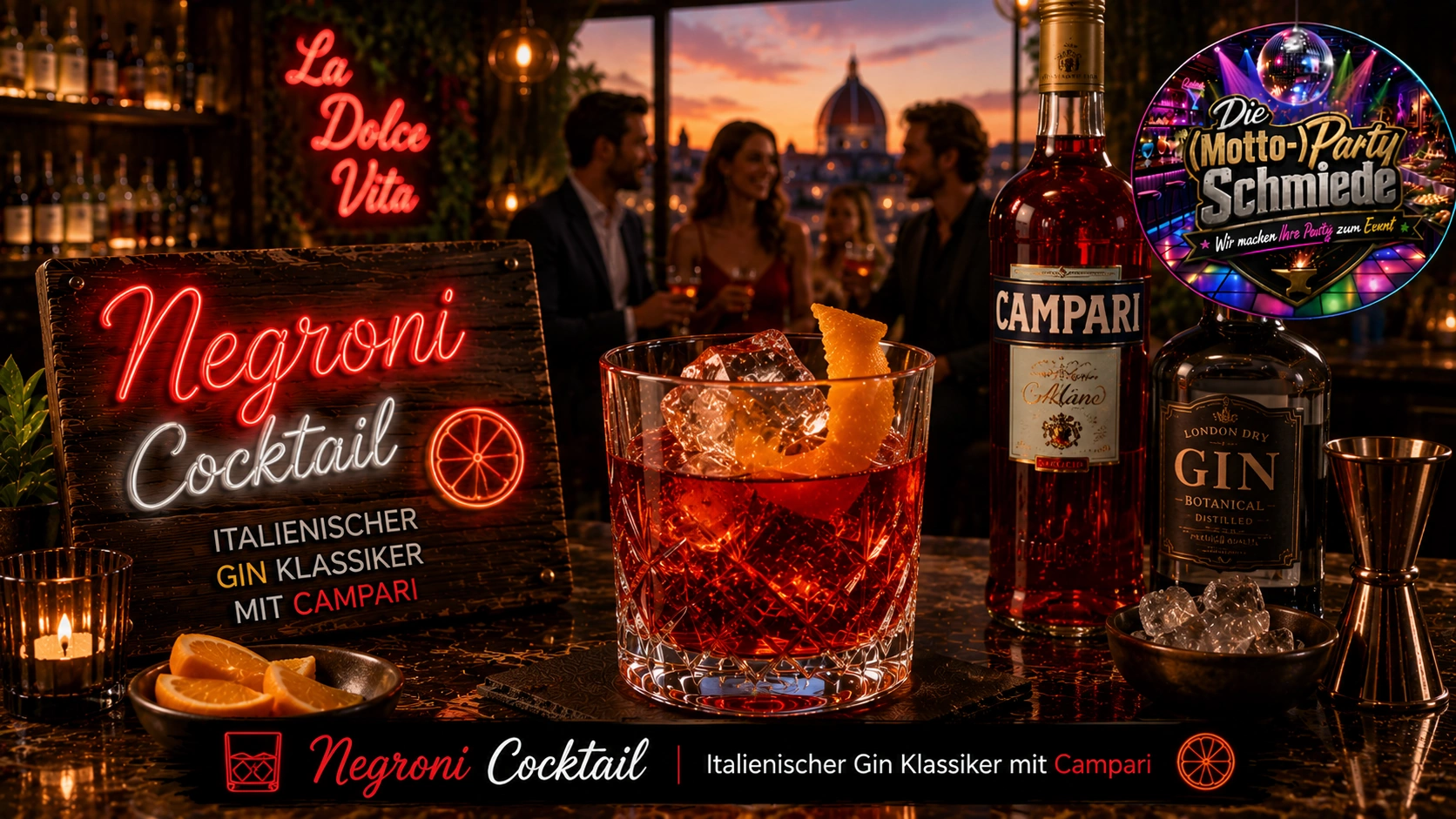 Eleganter Negroni Cocktail mit Orangenzeste und großem Eiswürfel in einem stilvollen Tumblerglas auf dunklem Barhintergrund.