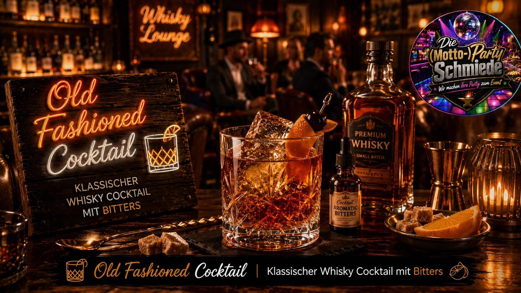 Klassischer Old Fashioned Cocktail mit Whisky, Orangenzeste und Eiswürfeln in einem eleganten Tumblerglas auf dunklem Hintergrund.