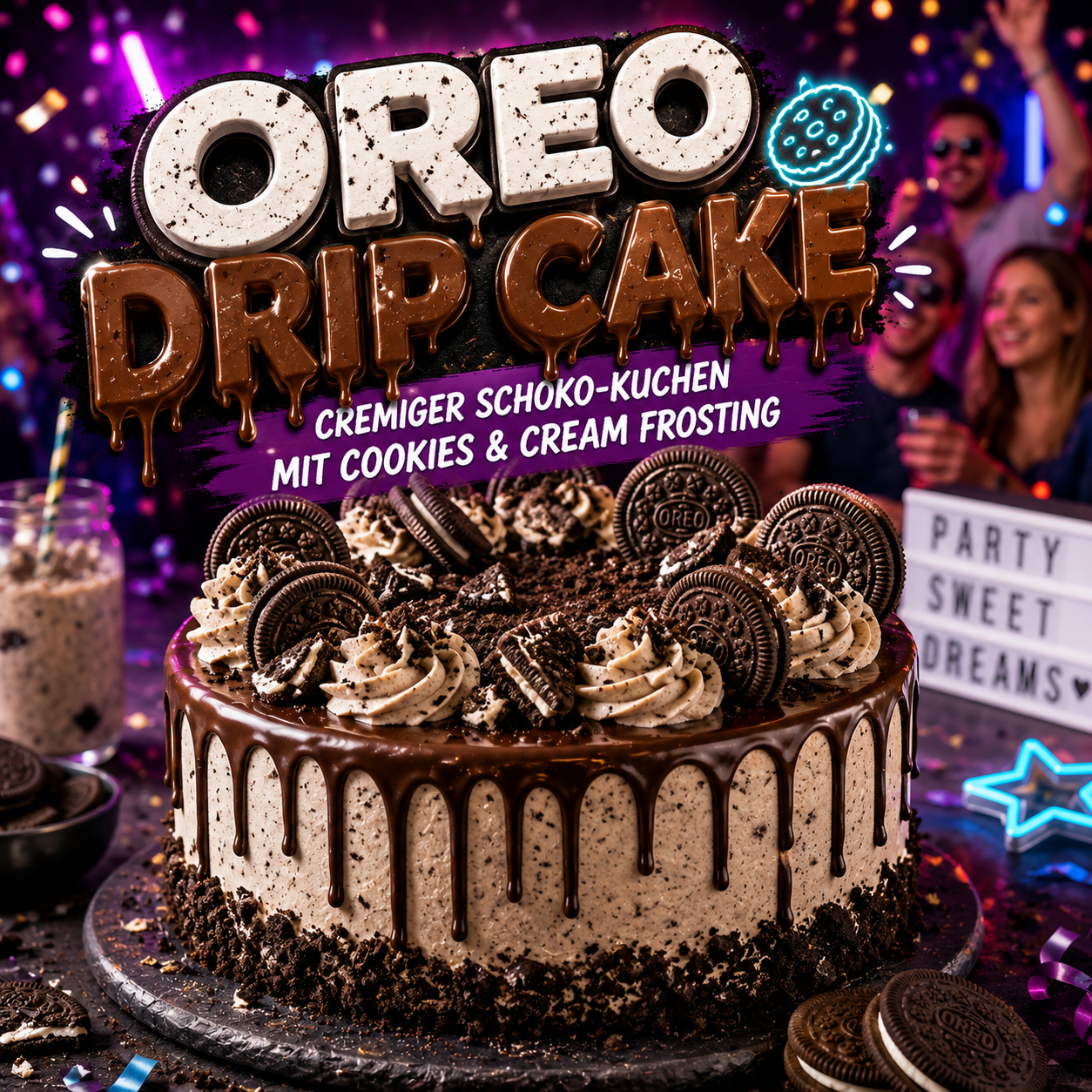 Moderner Oreo Drip Cake mit Schokoladenglasur, Cookies-&-Cream-Frosting und Oreo-Keksen auf einer eleganten Dessert-Tafel.