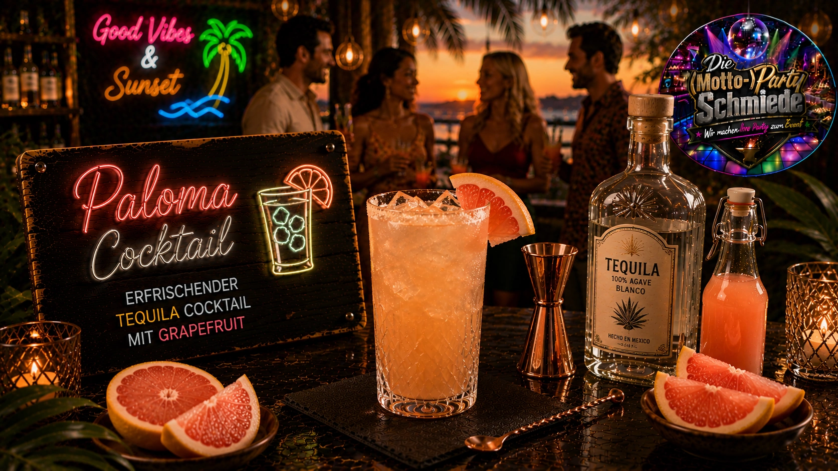 Erfrischender Paloma Cocktail mit Tequila, Grapefruit, Limette und Eiswürfeln in einem Longdrinkglas auf sommerlichem Hintergrund.