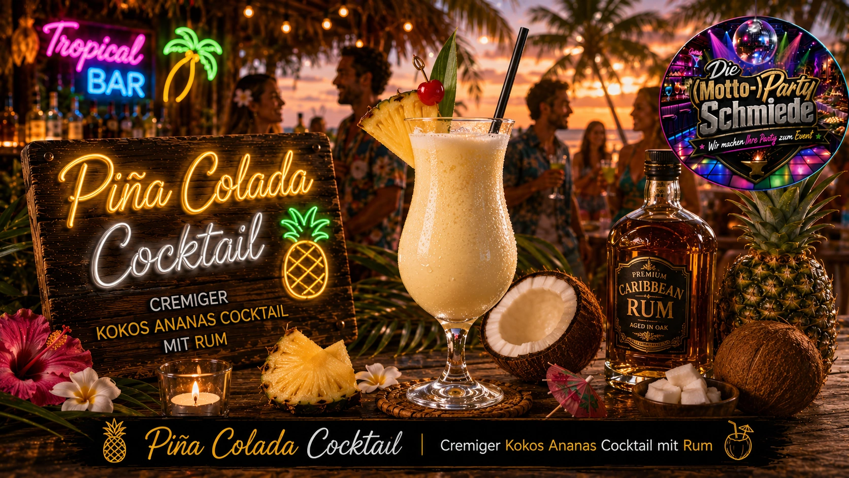 Cremige Piña Colada mit Ananasstück, Cocktailkirsche und Crushed Ice in einem tropischen Hurricane-Glas.