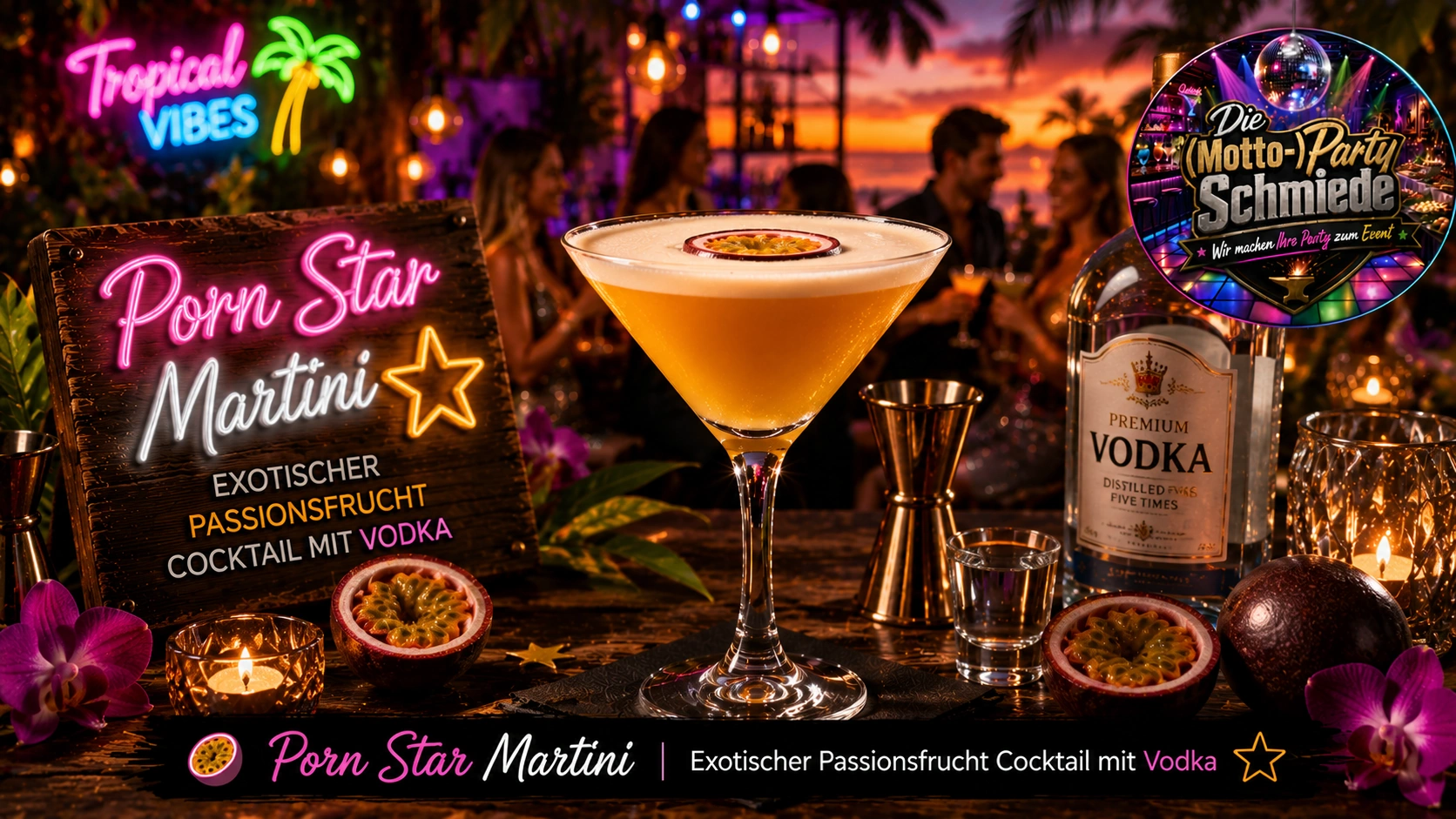 Porn Star Martini – Exotischer Passionsfrucht Cocktail mit Vodka Exotischer Porn Star Martini mit Passionsfrucht und Prosecco-Shot in elegantem Martiniglas auf stilvollem Partyhintergrund.