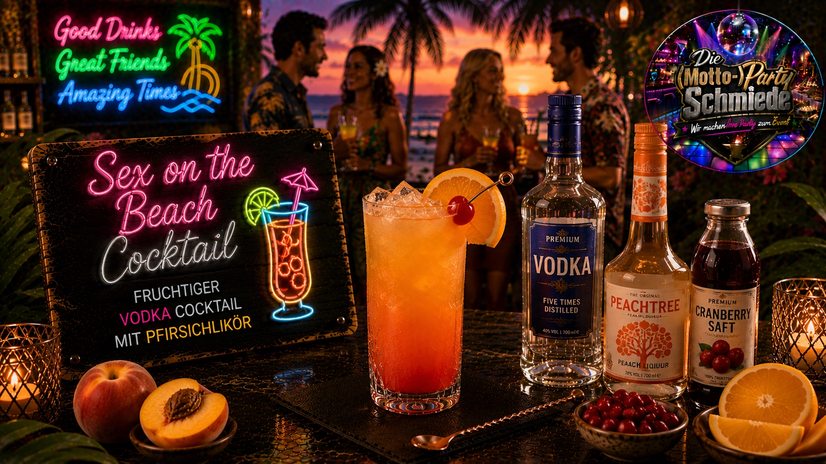 Fruchtiger Sex on the Beach Cocktail mit Orangenscheibe, Eiswürfeln und leuchtenden Farbverläufen in einem Longdrinkglas.