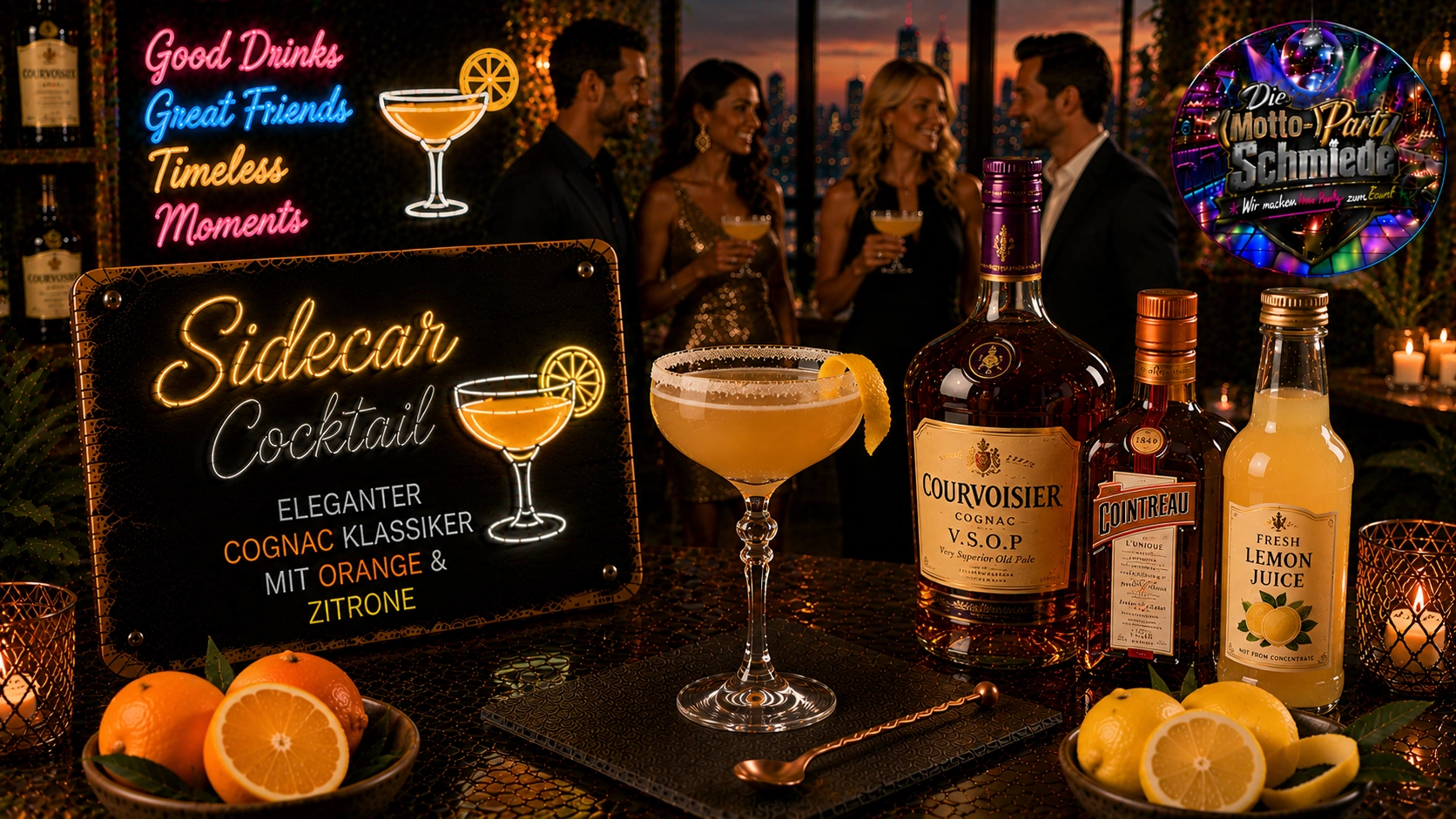 Eleganter Sidecar Cocktail in einer Cocktailschale mit Zuckerrand und Orangenzeste auf stilvollem Barhintergrund.