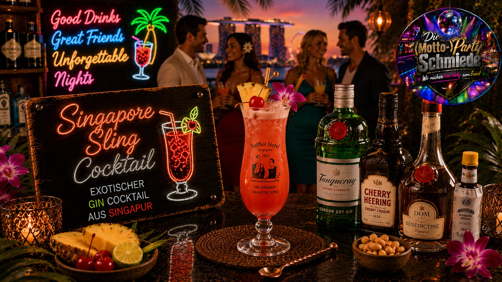 Exotischer Singapore Sling Cocktail mit Ananasstück, Cocktailkirsche und Eiswürfeln in einem hohen Longdrinkglas.