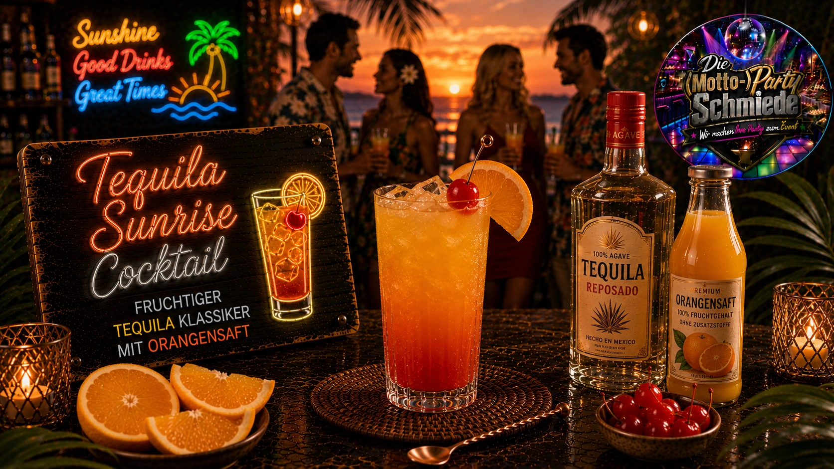 Tequila Sunrise Cocktail mit leuchtendem Orange-Rot-Farbverlauf, Orangenscheibe, Cocktailkirsche und Eiswürfeln in einem Longdrinkglas.