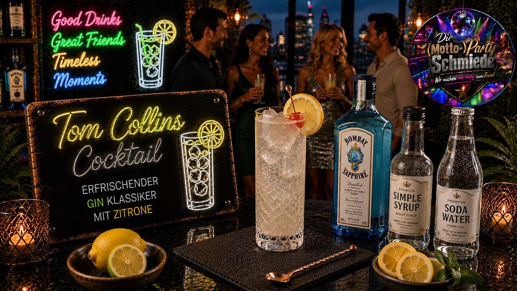 Erfrischender Tom Collins Cocktail mit Zitronenscheiben, Eiswürfeln und Soda Water in einem klassischen Collins-Glas.
