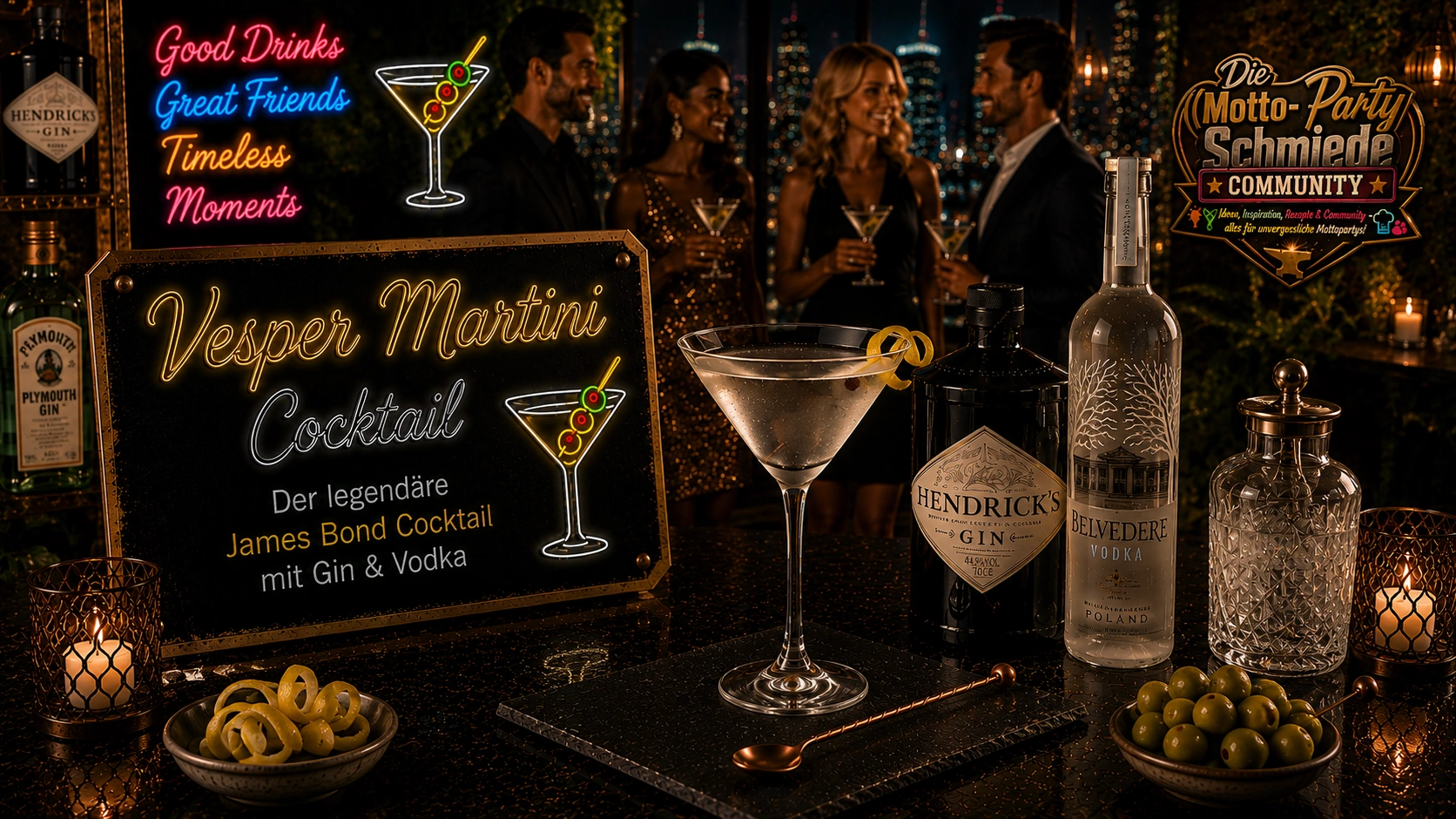 Eleganter Vesper Martini Cocktail mit Zitronenzeste in einem gekühlten Martiniglas auf luxuriösem Barhintergrund.
