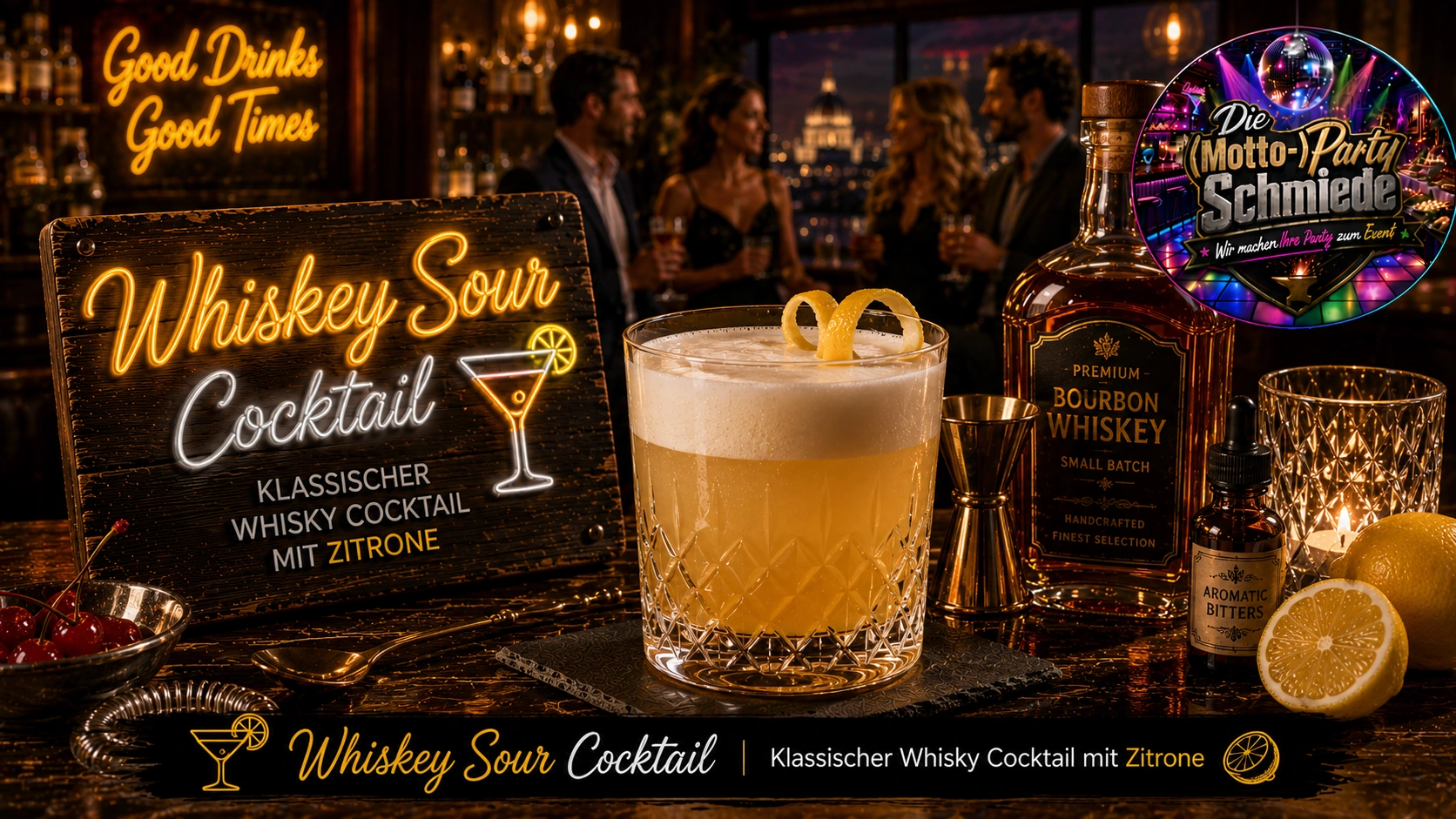 Klassischer Whiskey Sour Cocktail mit cremiger Schaumkrone, Zitronenzeste und Cocktailkirsche in einem eleganten Whiskyglas.