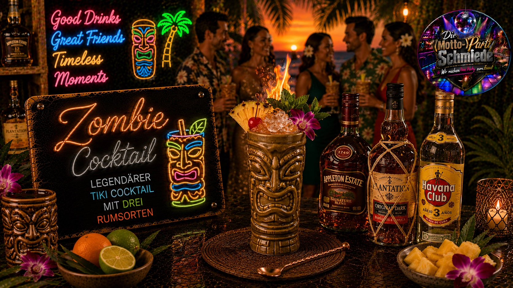 Exotischer Zombie Cocktail mit mehreren Rumsorten, tropischen Früchten, Minze und Crushed Ice in einem dekorativen Tiki-Becher.
